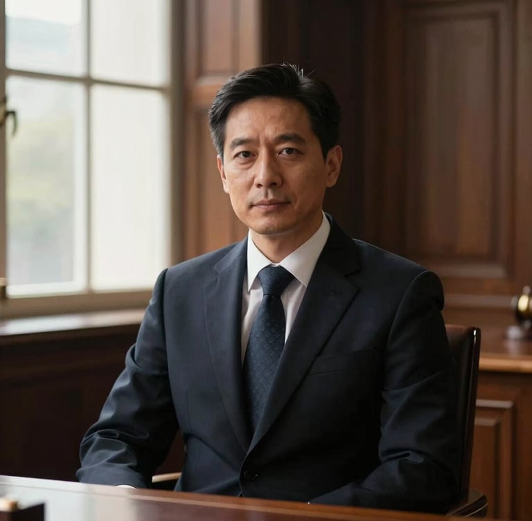 Editorial portrait of a confident male advocate in formal dark legal attire, sitting in a classic wood-paneled law office, soft side window light, cinematic depth of field