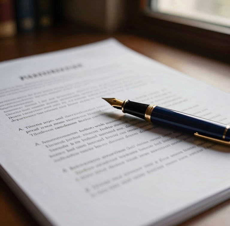 Close-up macro shot of meticulously organized legal documents and a classic fountain pen on heavy cotton paper, warm library lighting, shallow depth of field