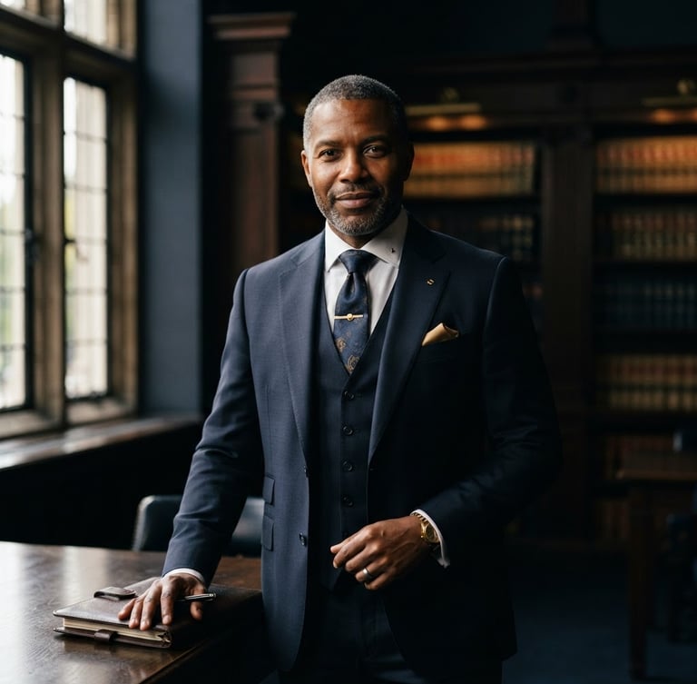 Editorial portrait of a confident male advocate in formal legal attire, dark navy background, dramatic window side-light, shallow depth of field, 50mm