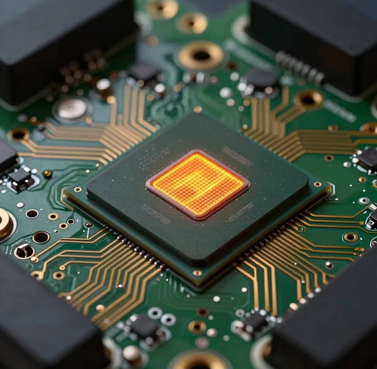 Extreme close-up of a modern car ECU circuit board with delicate gold traces and a glowing orange microprocessor, macro photography.