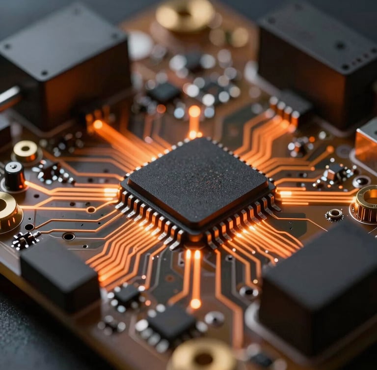 Extreme macro close-up of a high-tech automotive ECU circuit board, glowing orange microchips, diagnostic telemetry lines overlaying the hardware.