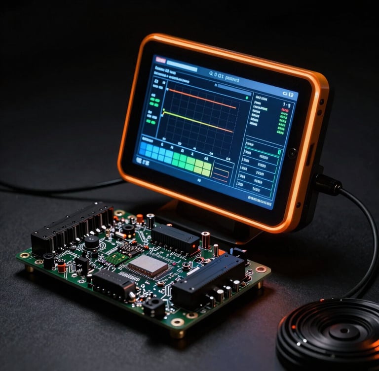Low-key high-contrast studio lighting showing a glowing diagnostic screen connected to a modern sports car ECU board, orange rim lights, technical telemetry graphs.