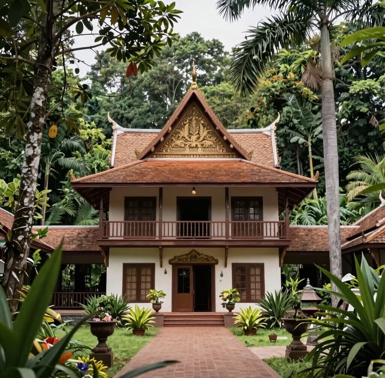 Architectural elevation of a minimalist concrete and teak pavilion in Phuket, low-contrast overcast daylight, muted earth tones, medium format film look, editorial composition
