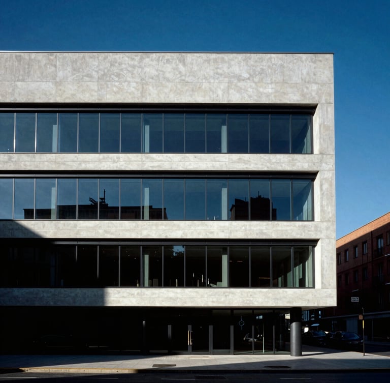 Architectural elevation of a modern minimalist climate-tech engineering office in Madrid, high-contrast shadows, clean lines, concrete and glass, dramatic daylight, medium format film