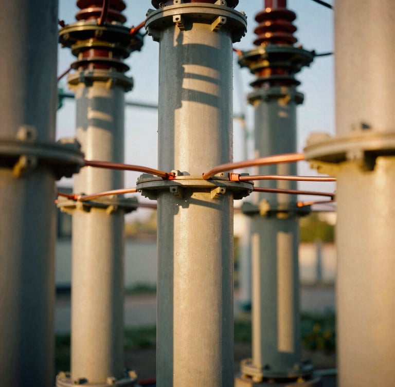 Extreme close-up of high-voltage copper conductors inside a clean industrial substation, geometric patterns, sharp shadows, warm golden hour light.
