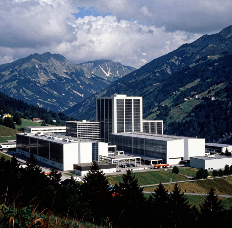 Dramatic environmental portrait of a massive clean-tech energy facility integrated into a mountainous European landscape, sharp architectural lines, high-contrast overcast daylight, medium format film.
