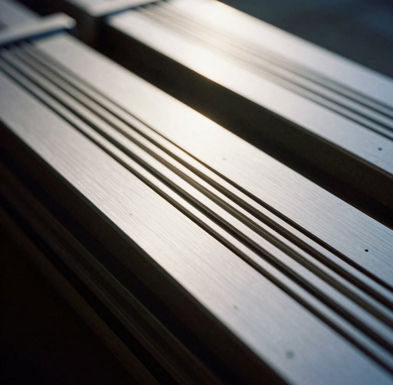 Extreme macro photograph of advanced solid-state energy cells, clean metallic lines, high contrast, dramatic natural overcast light.