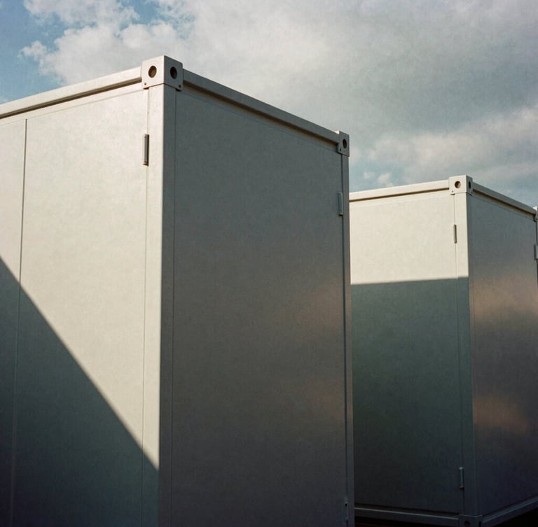 Architectural close-up of high-tech modular energy storage containers, clean metallic surfaces, dramatic high-contrast shadows, overcast daylight, 35mm film