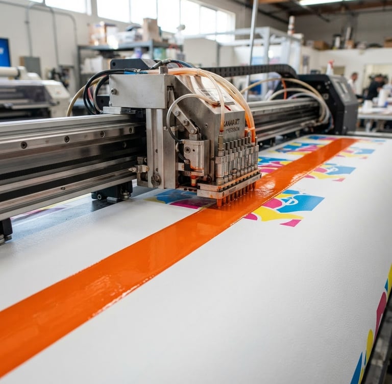 Close-up of a high-precision printing nozzle laying down vibrant orange ink on a massive vinyl sheet, bright industrial workshop lighting, wet sheen on the ink, 50mm