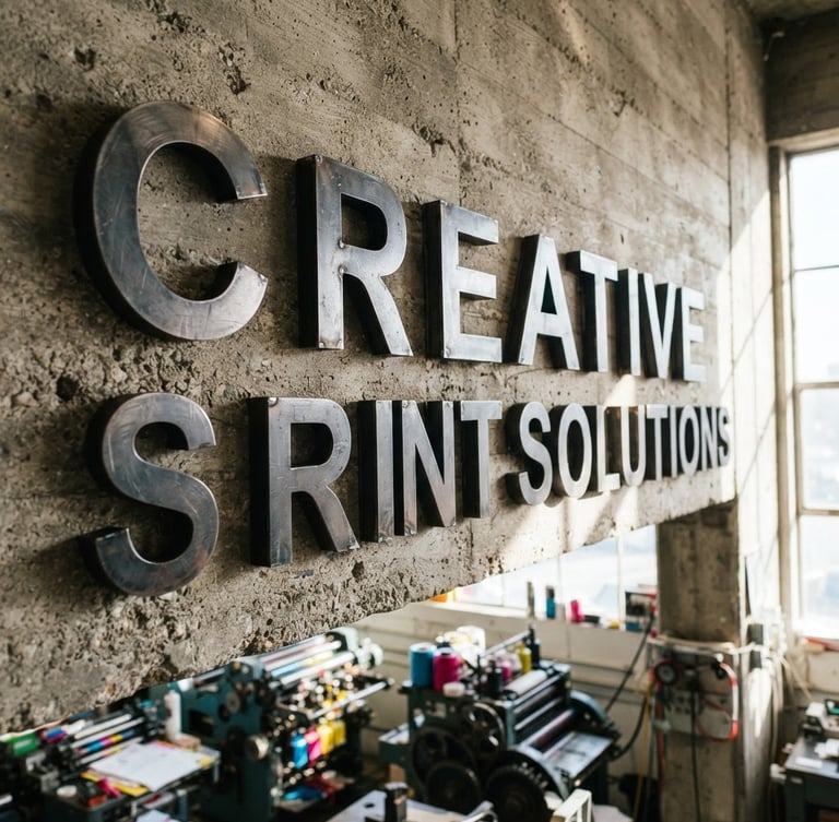 Dramatic low-angle shot of custom dimensional steel letters mounted on a textured concrete wall, bright natural daylight casting sharp architectural shadows, 50mm