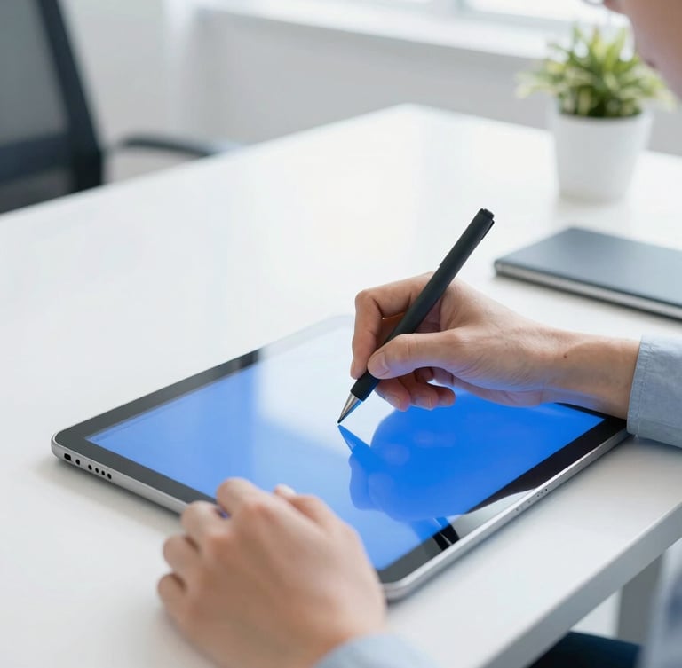 Close-up of professional hands writing on a digital tablet in a clean, modern corporate office, bright high-key daylight, blue reflections, sharp focus