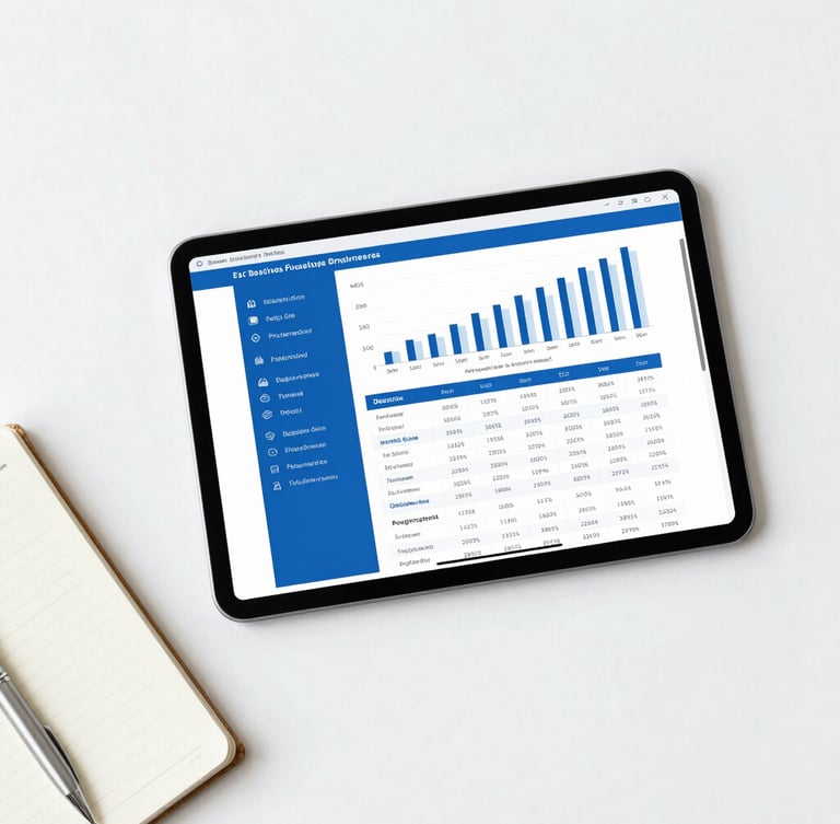 A clean flat-lay tech setup with a tablet displaying a professional business report, next to a notebook and a sleek pen on a white desk, bright daylight