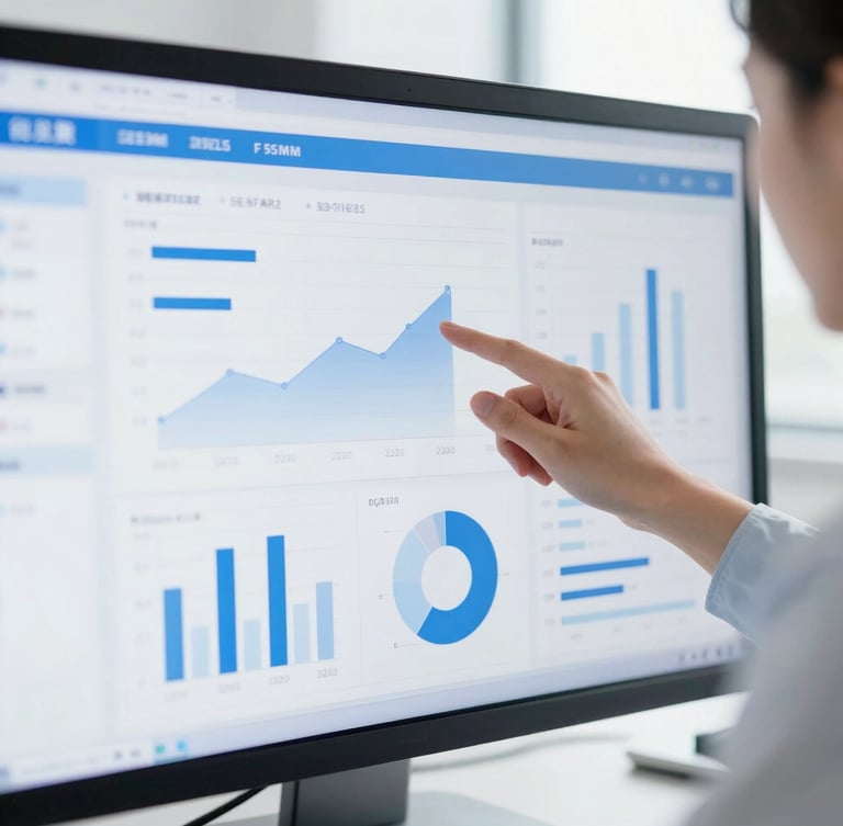 Close-up of a professional in a bright, high-key modern office analyzing commercial data on a clean screen, subtle cool blue reflections, sharp focus, 35mm