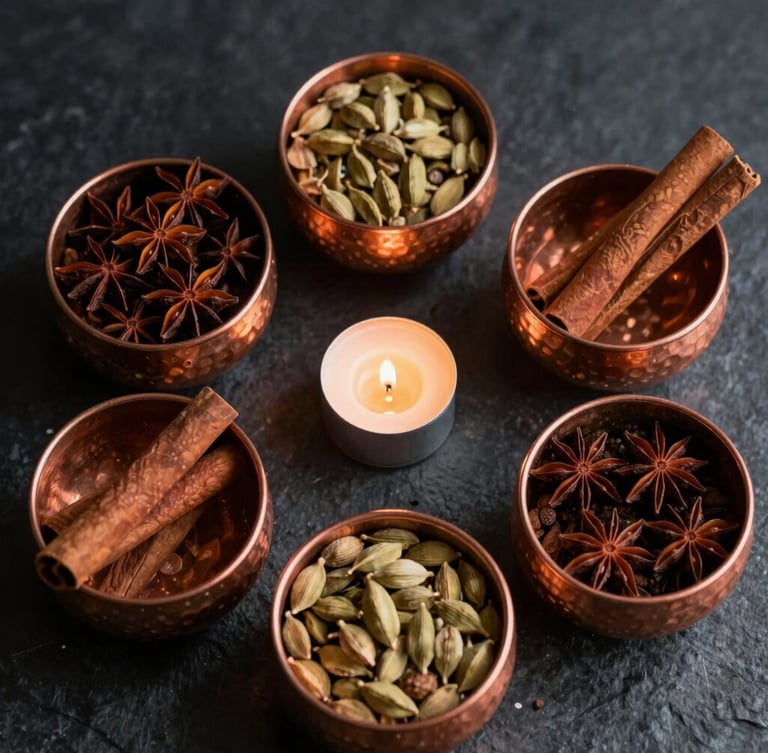 Overhead flat-lay of hand-hammered copper bowls filled with vibrant whole spices, star anise, cardamom, and cinnamon sticks on a dark stone surface, low-key dramatic lighting.