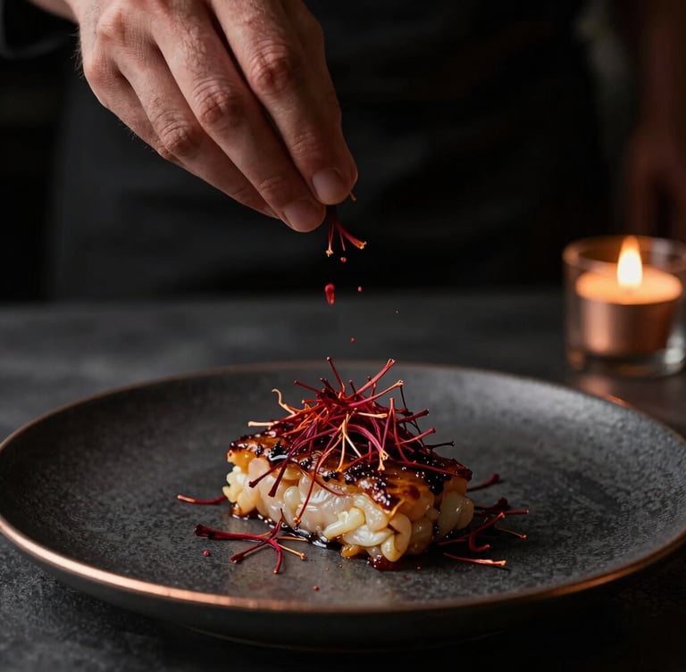 Dramatic close-up of a chef's hands dusting ground saffron over an artfully plated heritage dish, dark charcoal background, warm copper lighting, macro lens.
