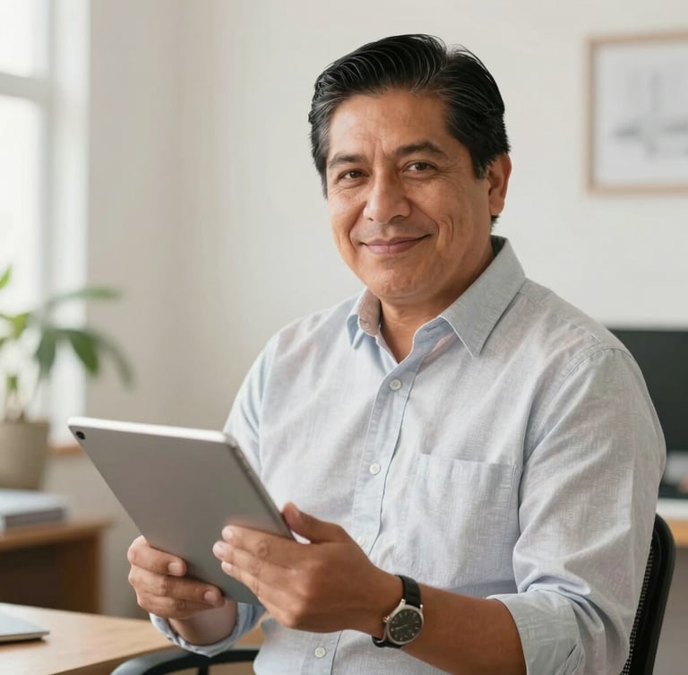 Warm editorial portrait of a Mexican professional in a bright, natural office environment holding a tablet, soft clean tones, 35mm lens.