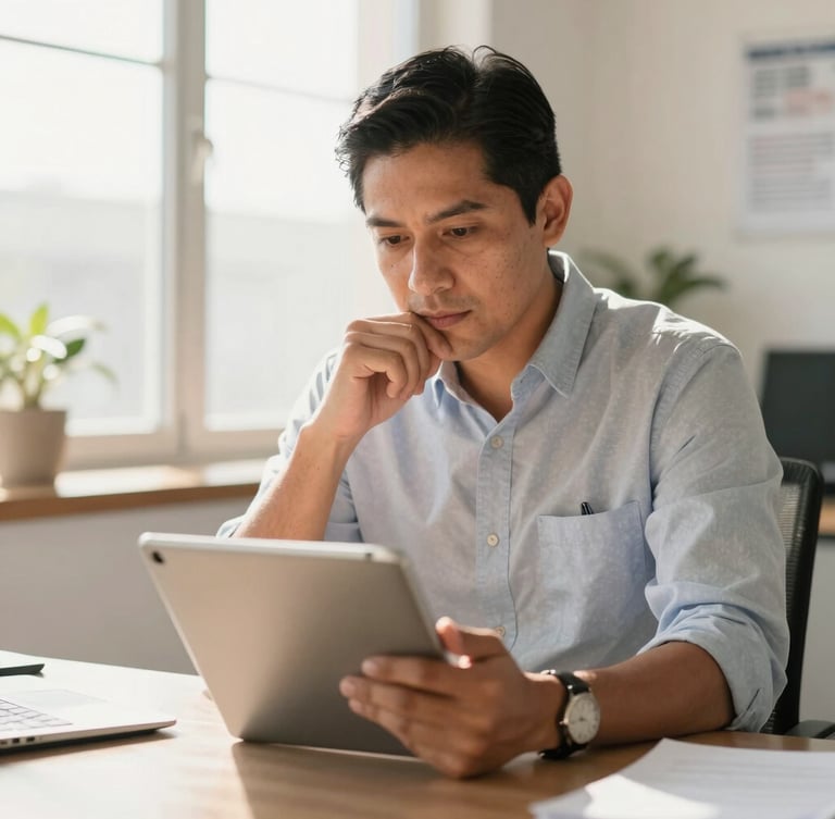A warm editorial portrait of a Mexican professional in a bright sunlit office, looking thoughtfully at a tablet, 35mm lens