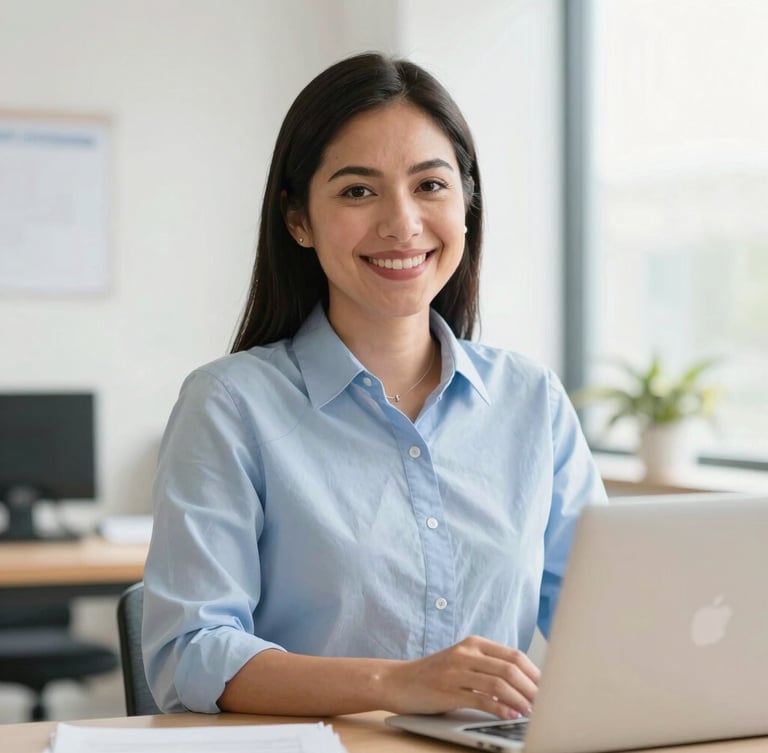 Warm editorial photography of a professional Mexican advisor in a bright natural office environment, smiling warmly, 35mm lens, soft clean tones