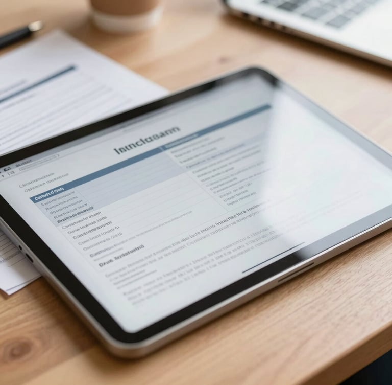Close up of a tablet displaying clean financial documents and regulatory certificates on a wooden desk, soft natural daylight, professional setting