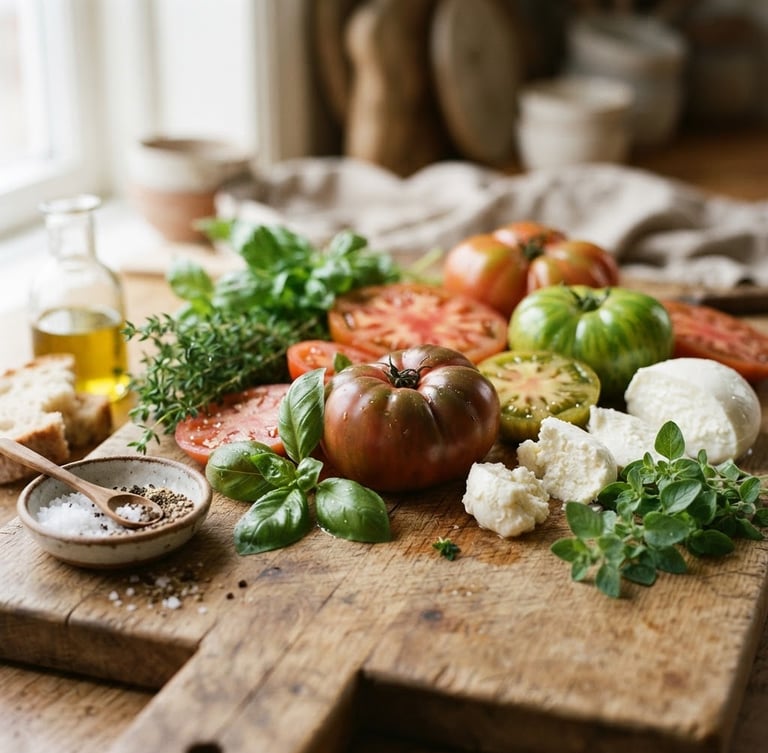 Close-up of fresh, raw ingredients (heirloom tomatoes, vibrant herbs, artisanal cheese) on a rustic wooden board, soft diffused natural light from the side, shallow depth of field, Scandinavian style.