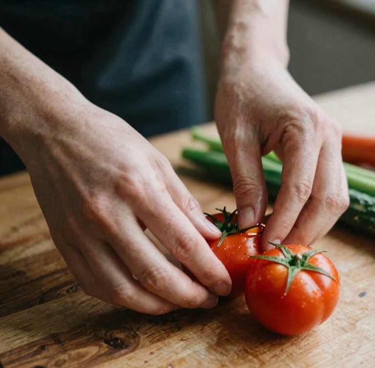 Intimate medium close-up of hands gently preparing fresh, vibrant vegetables on a rustic wooden surface, soft diffused side-light, shallow depth of field.