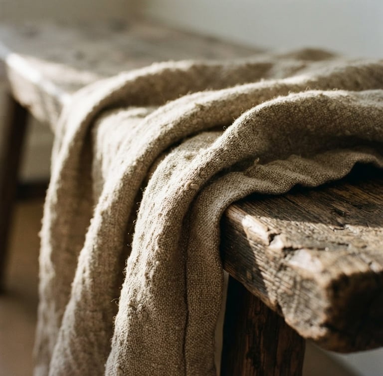 Macro detail shot of heavy-weave oatmeal slub linen draped over a rustic wooden bench, low-angle raking daylight casting deep shadows in the crevices, 35mm film style.