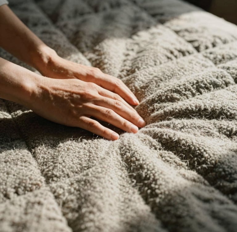Hands gently feeling the heavy, textured weave of an organic wool quilt catching low-angle afternoon sun, casting deep shadows, warm editorial photography style.