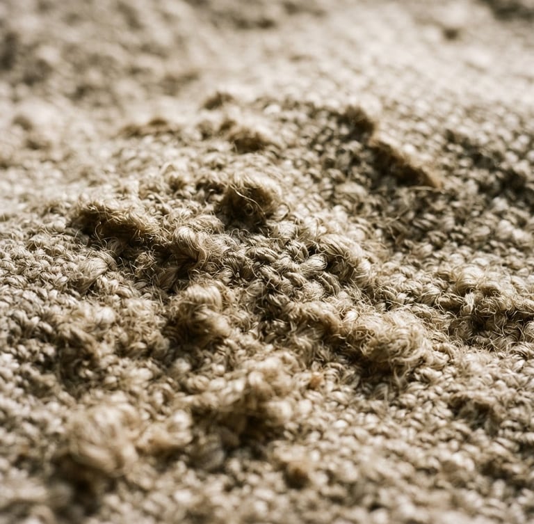 Macro detail shot of heavy-weave slub linen texture, low-angle raking daylight casting deep shadows in the crevices, warm organic oatmeal tones, 35mm film style.