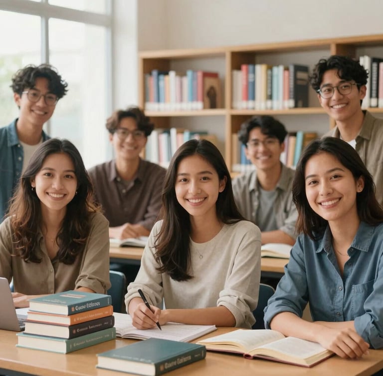 Retrato de un equipo de pedagogos y autores sonriendo en una biblioteca moderna, con libros de Guevi Editores en primer plano, luz natural suave, estilo de fotografía educativa brillante.