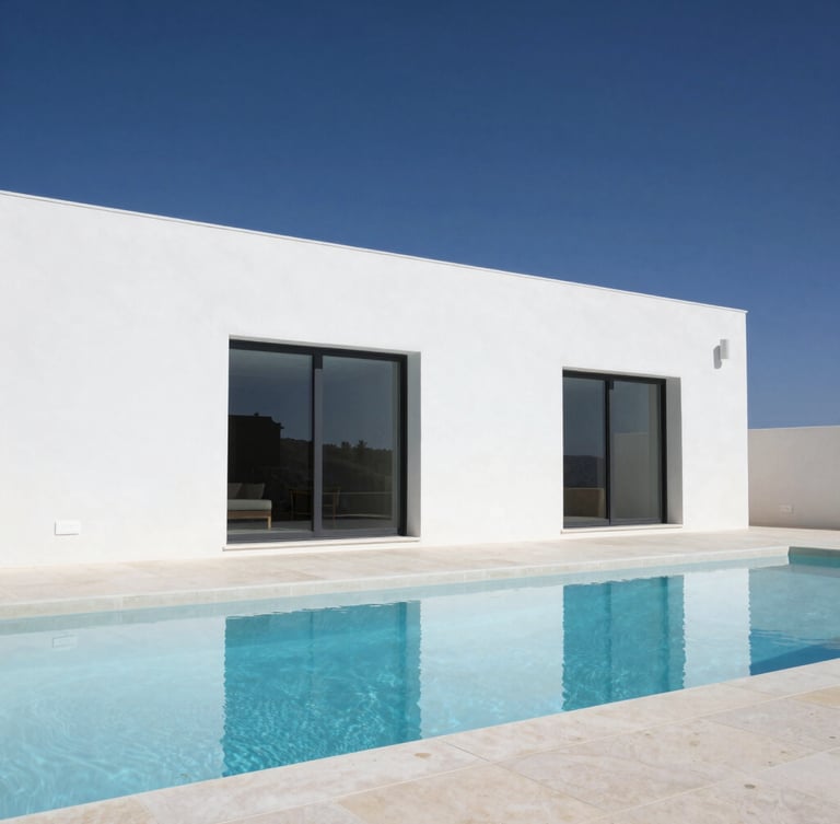High-end architectural detail of a modern minimalist Algarve villa terrace with clean white concrete lines, pristine swimming pool reflecting deep blue sky, bright natural daylight, sharp shadows, 35mm photography