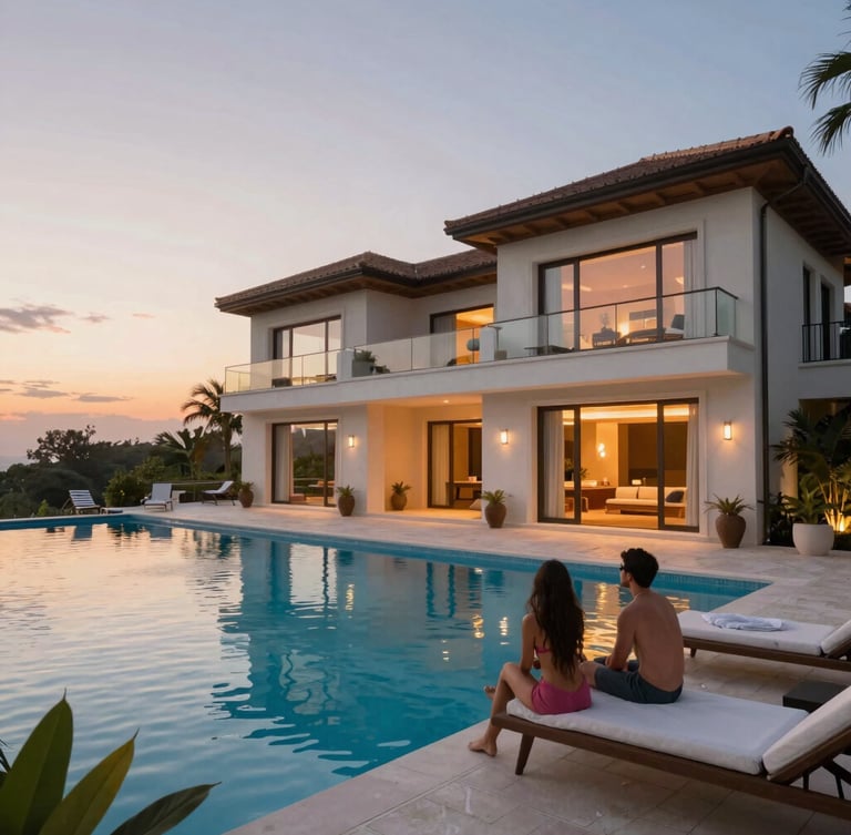 Casal a relaxar junto à piscina de uma moradia de luxo contemporânea no Algarve.