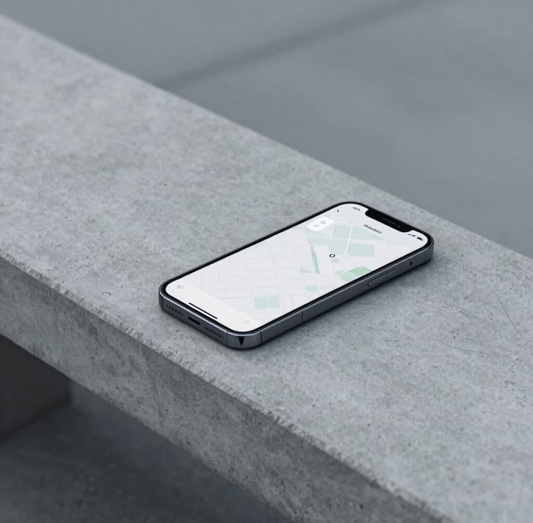 A close-up of a modern smartphone resting on a clean concrete bench, displaying a minimalist interface with a map outline, cool overcast daylight, desaturated navy and gray tones, 35mm.