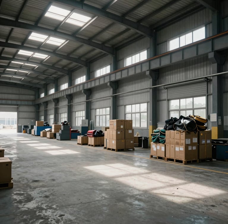 Wide environmental shot of an industrial warehouse interior during clearance, high-contrast overcast light streaming through overhead windows, clean swept concrete floor in the foreground.
