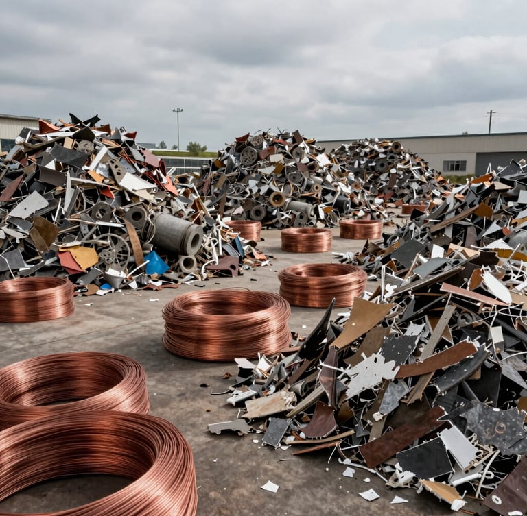 Wide environmental shot of organized piles of sorted copper wires and shredded polymers inside a high-contrast industrial recycling facility under overcast daylight.