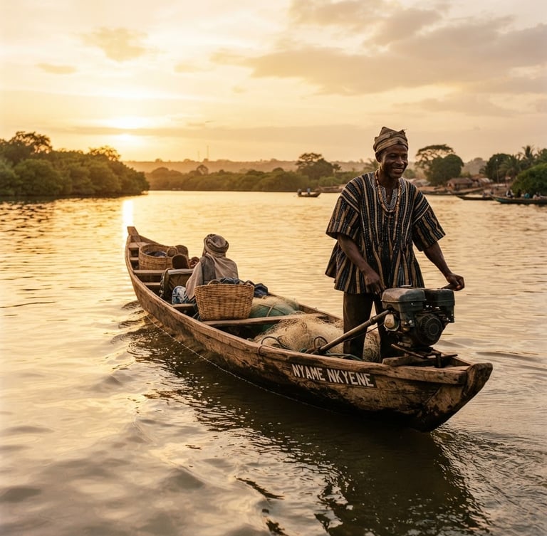 A local Ghanaian guide steering a motorized canoe on the calm waters of the Volta River estuary during golden hour, warm lighting, 35mm photography.