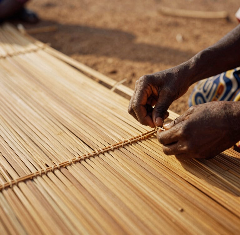 Close-up of hands weaving a traditional reed mat on Azizakpe Island, warm sun-drenched lighting, rich earth tones, 35mm photography.