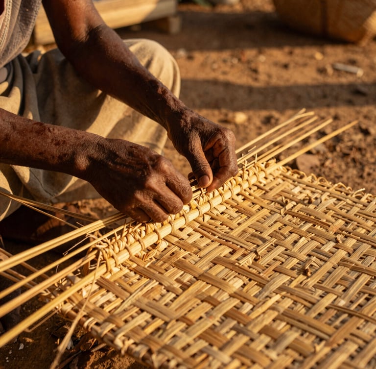 A close-up portrait of local artisan hands weaving a traditional straw mat on Azizakpe Island, warm golden-hour sunlight filtering through, rich saturated earth tones, 35mm editorial.
