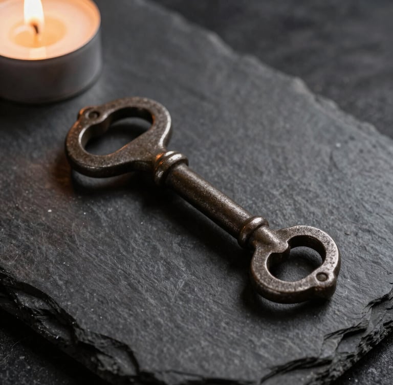 Macro shot of a heavy, ancient iron key resting on dark, textured slate, single candlelight casting deep shadows from the left, cinematic atmosphere, 21:9 crop.