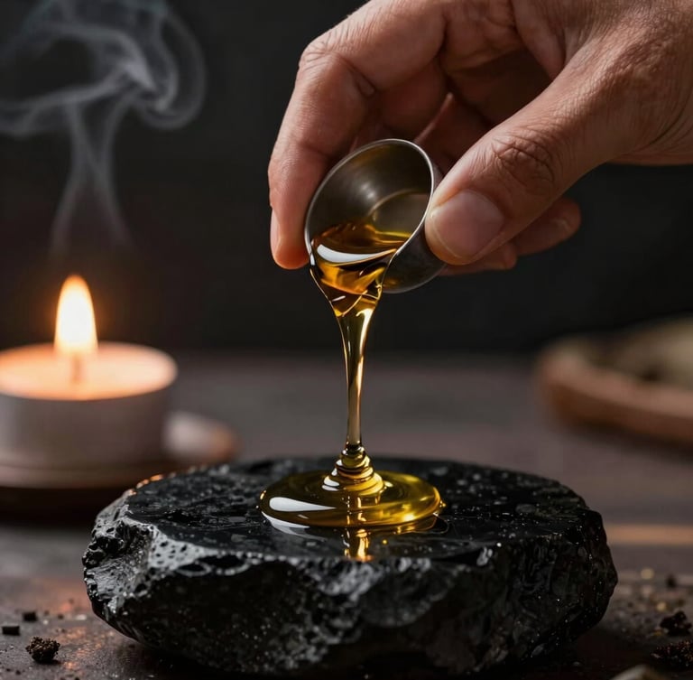 Macro high-contrast photograph of hands pouring thick ritual oil over a dark obsidian stone, warm candlelight, deep shadows, smoke curling in the background.