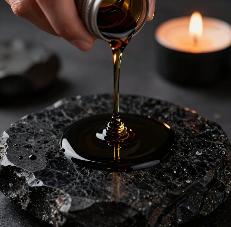 Macro close-up shot of hands pouring dark, viscous ritual oil onto raw obsidian stone, single candle flame reflecting in the liquid, deep shadows, high-end editorial framing