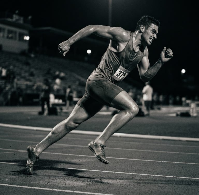 Dynamic low-angle shot of a male track athlete mid-stride, raw sweat, dramatic low-key lighting, desaturated tones with sharp contrast
