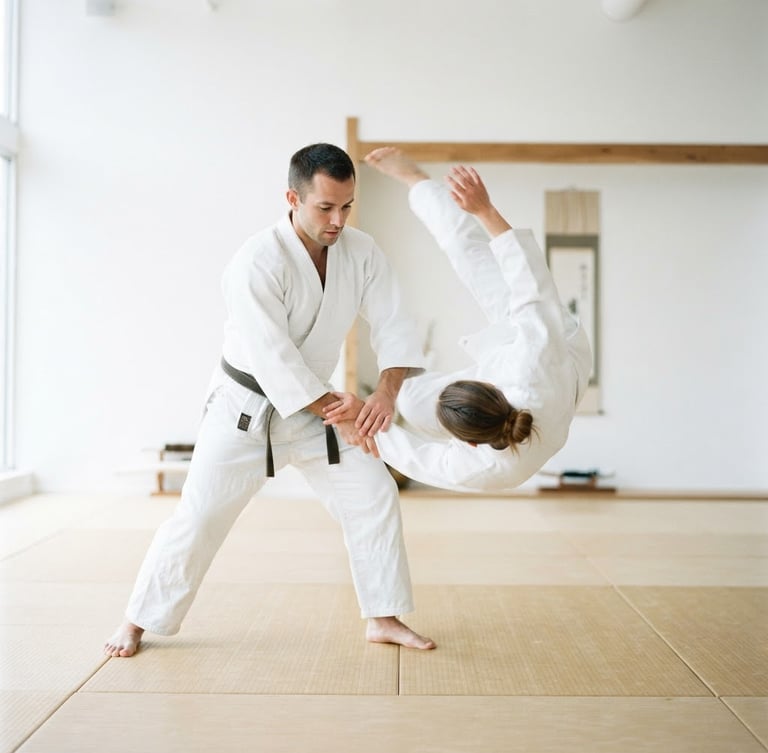 Bright minimalist photography of two adult aikido practitioners in white keikogi executing a fluid throw, soft natural dojo light, clean white background, subtle cobalt blue accents, 35mm