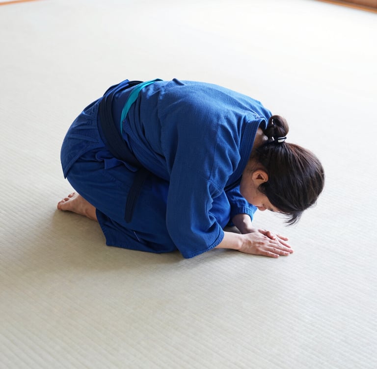 Close-up of respectful bowing on a clean white tatami, bright natural dojo light, minimalist composition, 35mm