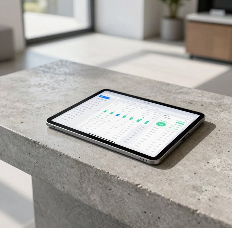 Close-up of a digital tablet showing a clean financial dashboard, placed on a modern concrete counter in a bright residential lobby, natural daylight