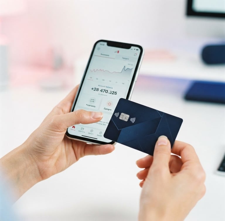clean fintech photography, bright high-key studio lighting, smartphone displaying BoursoBank app interface with positive balance, hand holding sleek modern debit card, 35mm