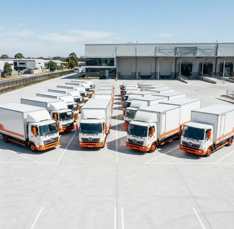 Wide shot of a fleet of branded, commercial transport vehicles parked on a pristine, high-contrast concrete lot under bright daylight, safety-orange accents visible, sharp focus, industrial aesthetic, 35mm.