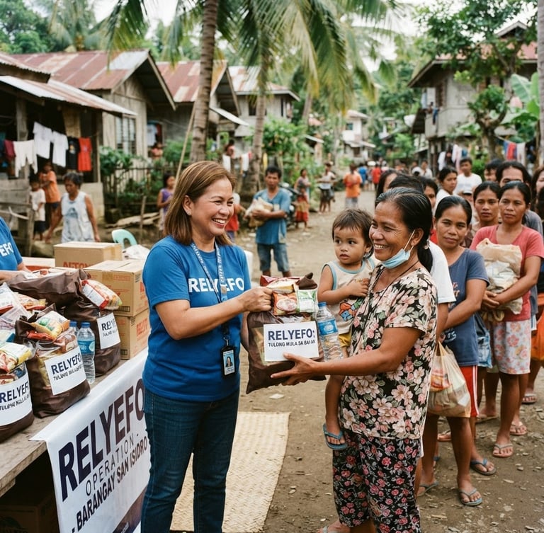 Environmental documentary portrait of organized relief distribution in a Philippine village, warm tropical daylight, volunteers handing food packs to families, 35mm lens