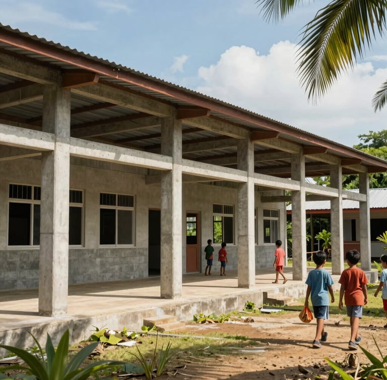 Documentary shot of a newly constructed concrete community school building in the rural Philippines, strong structural pillars, metal roof, bright tropical sun, children walking nearby, 35mm lens