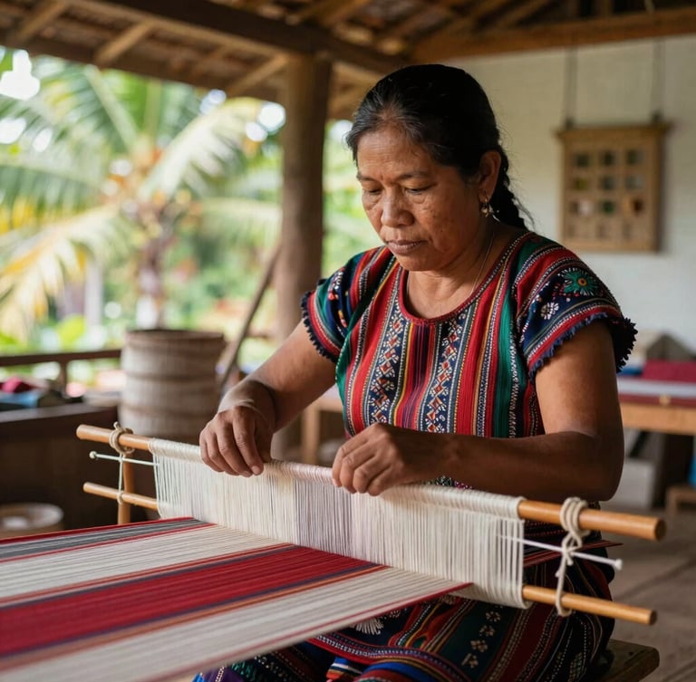 Environmental portrait of a Filipina weaver working on a traditional handloom, warm natural light highlighting the rich textures of the fabric, focused and dignified expression, authentic workshop setting.