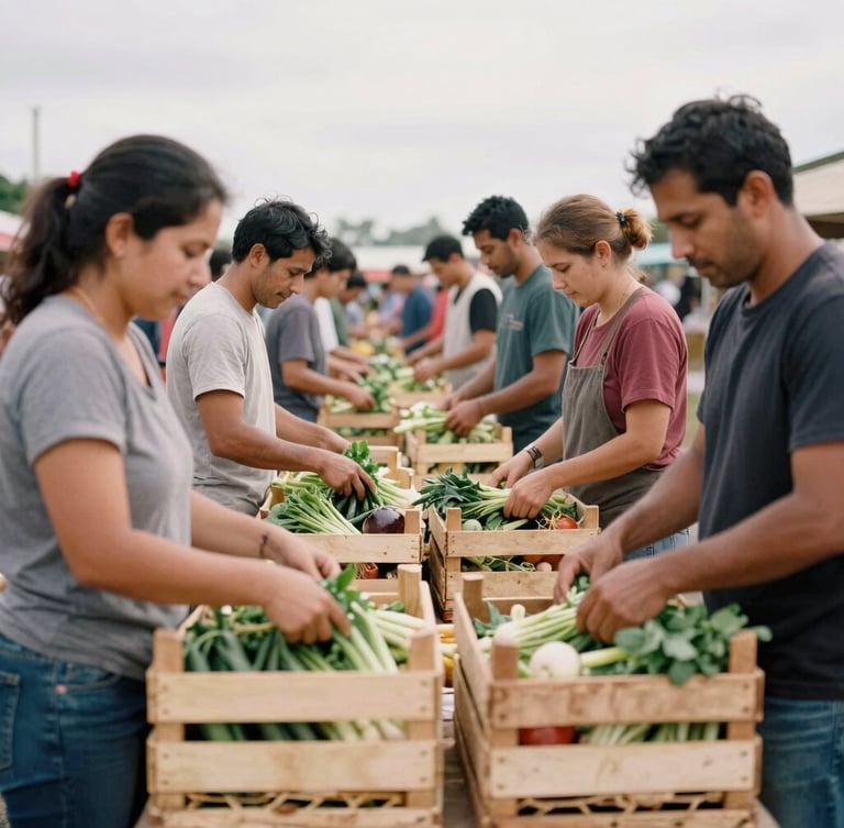 Candid medium shot of community members packing fresh vegetables into wooden crates in an overcast outdoor market, documentary style, natural daylight, 35mm film grain